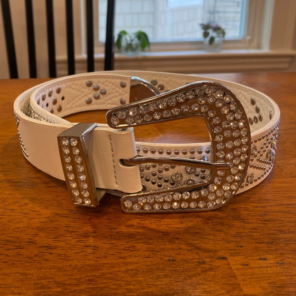 White Studded Belt with Rhinestone Buckle